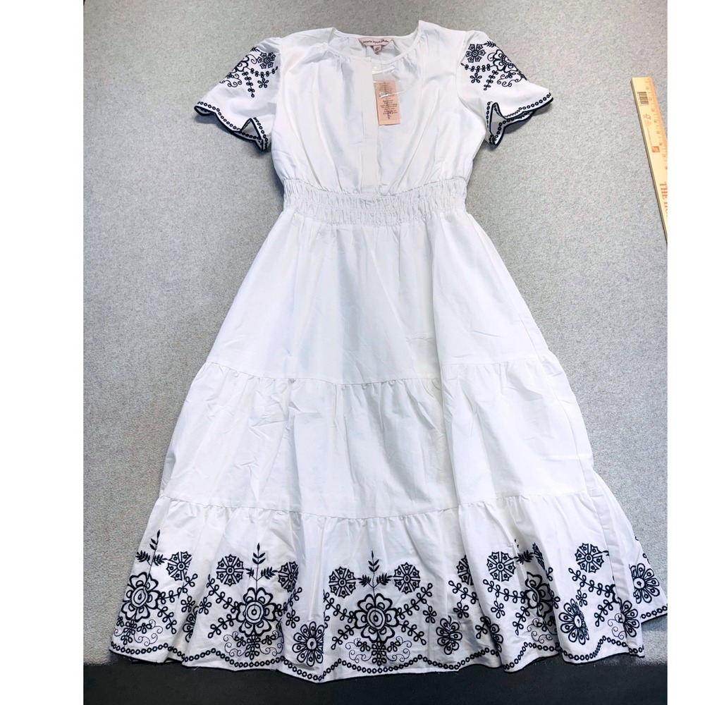 Nanette Lepore Studio Midi Dress Womens XS White Navy Embroidered Split Neck